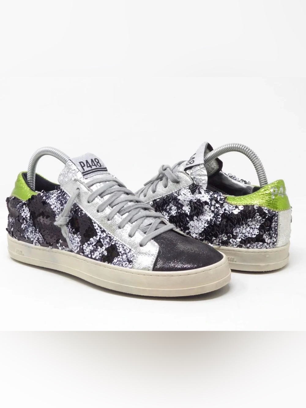 P448 Women's Silver, Black & Lime Sequin Low-Top Sneakers